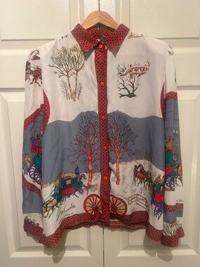 Vintage designer Hermes style scarf print blouse l’hiver en poste 1975
